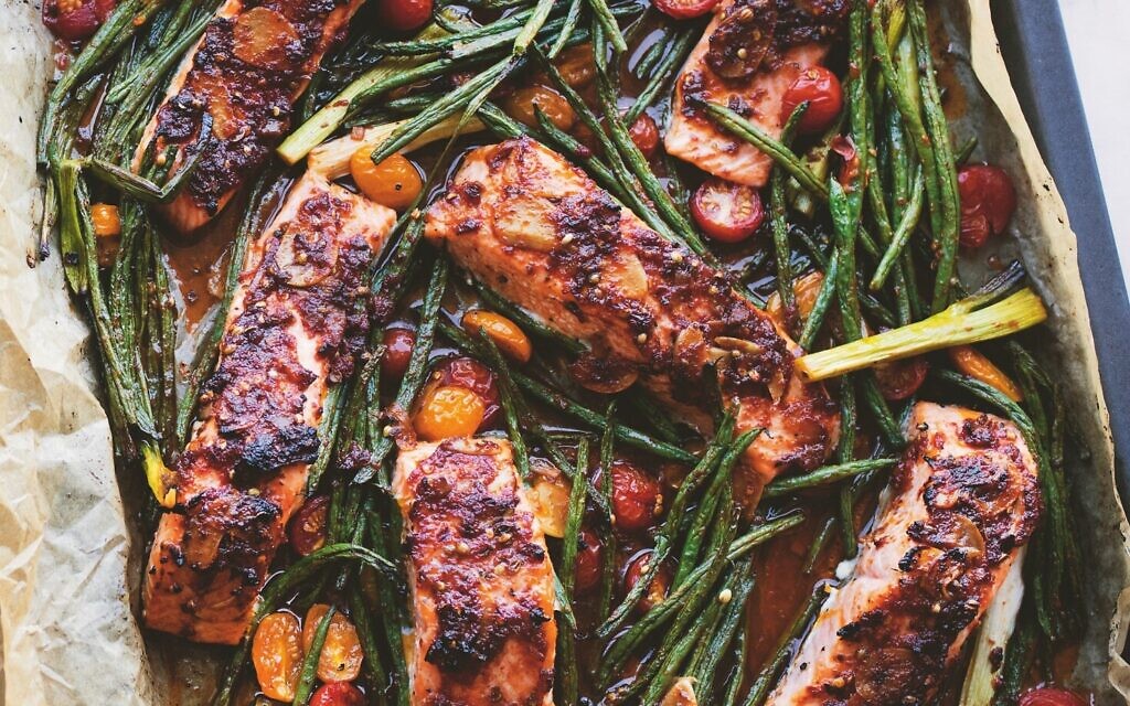 Puttanesca-style salmon traybake