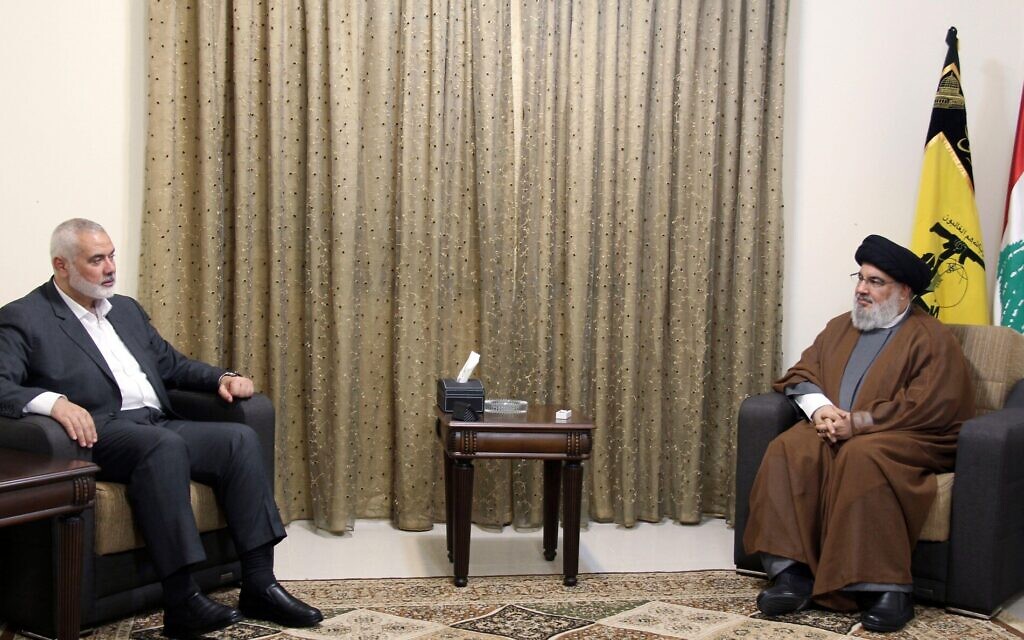 Reunited: Hezbollah leader Sayyed Hassan Nasrallah, right, meeting with Ismail Haniyeh, the leader of the Palestinian terror group Hamas, in Beirut. Both men have been killed in recent weeks.