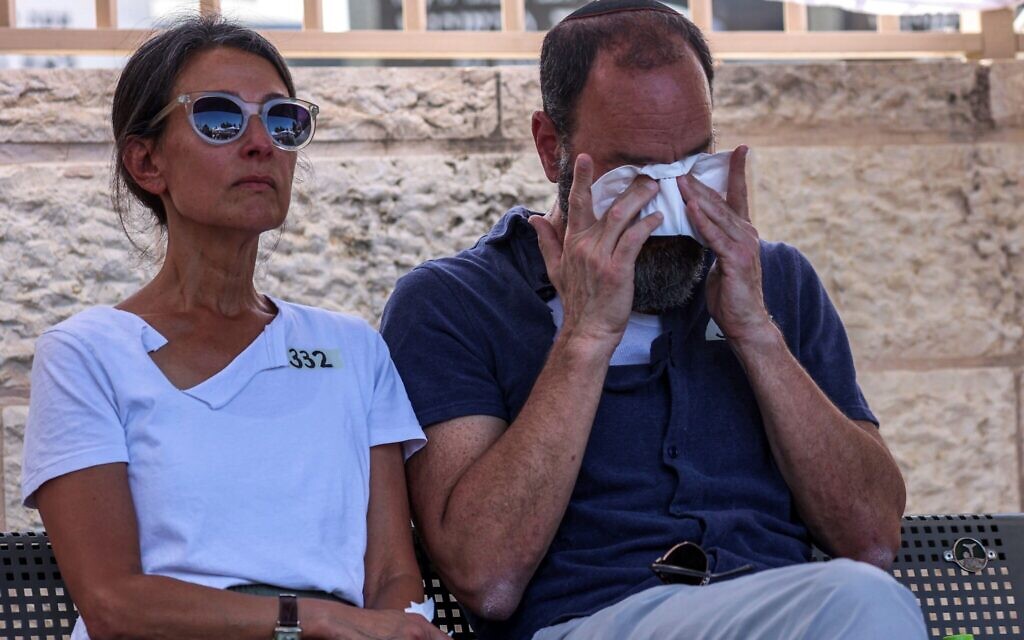 Jonathan Polin and Rachel Goldberg, parents of Israeli-American hostage Hersh Goldberg-Polin, who was killed in Hamas captivity in the Gaza Strip, attend their son's funeral in Jerusalem, Monday, Sept. 2, 2024. (Gil Cohen-Magen/Pool via AP)