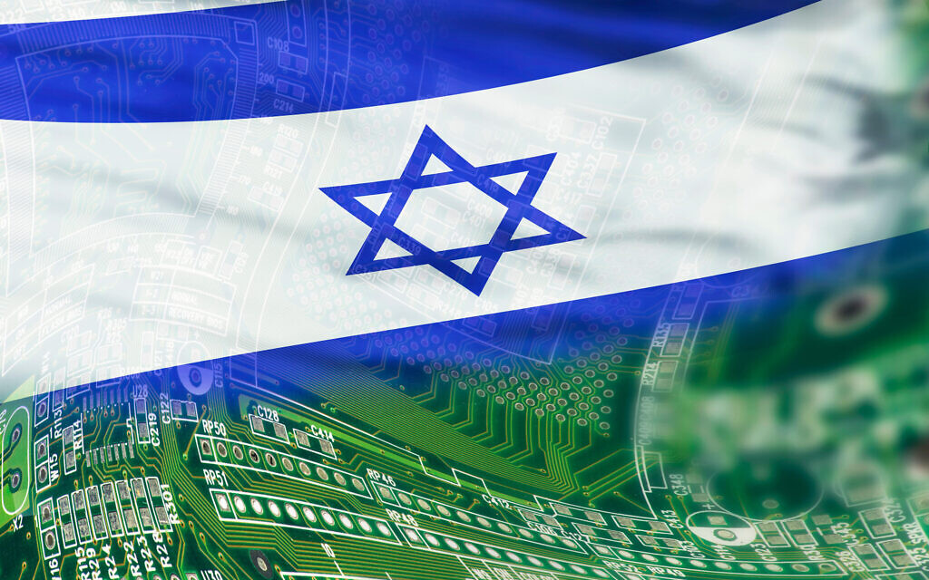 Israel flag on high tech background.