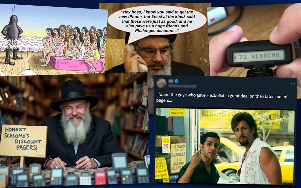 In the hours after the deadly pager attacks on Hezbollah operatives in Lebanon, social media was flooded with memes about the operation. (JTA collage by Joseph Strauss)