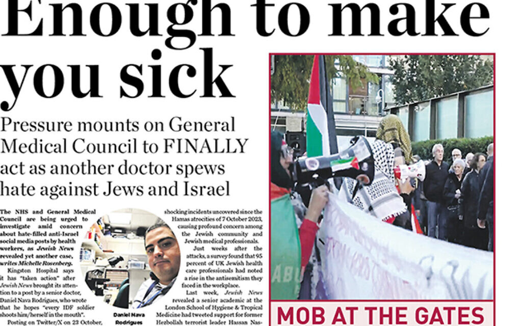 Jewish News headline exposing anti Israel hatred in the NHS.