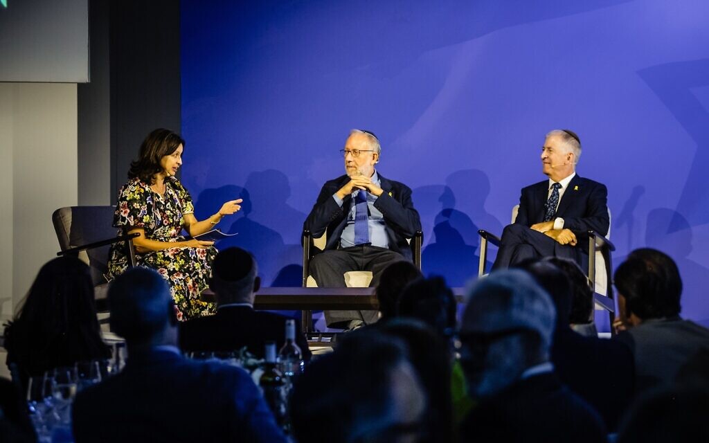 UJIA chief executive Mandie Winston in conversation with Rabbi Donniel Hartman and Yossi Klein Halevi from the Shalom Hartman Institute. Pic: Blake Ezra
