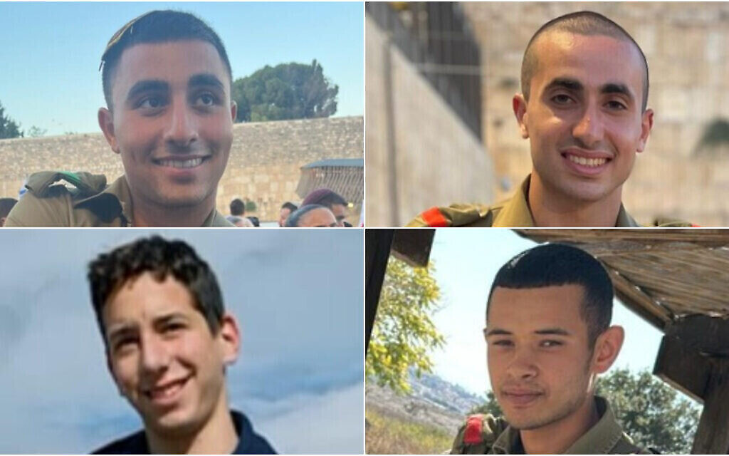 Four IDF soldiers killed in a Hezbollah drone attack on a Golani base on 13 October, clockwise from top left: Sgt Alon Amitay, Sgt Omri Tamari, Sgt Yosef Hieb and Sgt Yoav Agmon