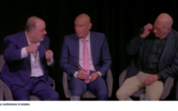 Haaretz Editor-in-Chief Aluf Benn , centre, in conversation with Former Prime Minister of Israel Ehud Olmert and Former Palestinian Minister of Foreign Affairs and Member of Fatah Central Committee Dr. Nasser al-Kidwa.
