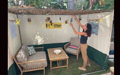 Yael Aisenthal-Kordevani decorated her sukkah in the city of Modi'in with symbols of the year since Hamas' Oct. 7 attack on Israel, Oct. 15, 2024. (Courtesy Aisenthal-Kordevani) Yael Aisenthal-Kordevani decorated her sukkah in the city of Modi'in with symbols of the year since Hamas' Oct. 7 attack on Israel, Oct. 15, 2024. (Courtesy Aisenthal-Kordevani)