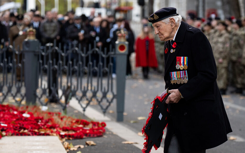 Mervyn Kersh, D-Day veteran lays a wreath during the annual parade by AJEX, the Jewish Military Association, to honour and remember the service of Jewish servicemen and women 'who fought and served for freedom since World War I' at the Cenotaph, Whitehall, London. Picture date: Sunday November 17, 2024. PA Photo.