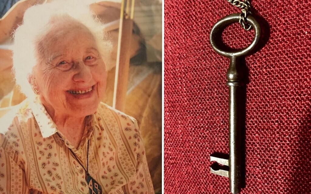 Marianne Bern and the key she kept from the Bielefeld synagogue that was destroyed on Kristallnacht. (Courtesy of Jennifer Bern-Vogel)