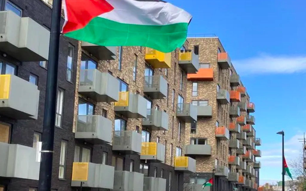 Tower Hamlets road with Palestine flags aloft