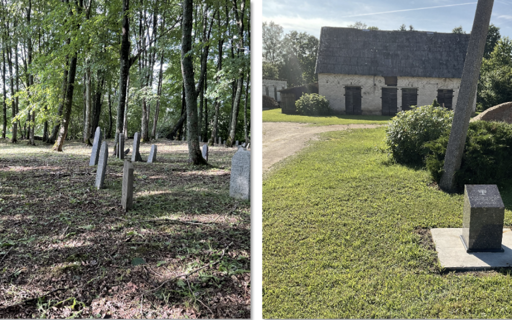 The site of the old cemetery in Pikelai (left) and the site of the town's old synagogue