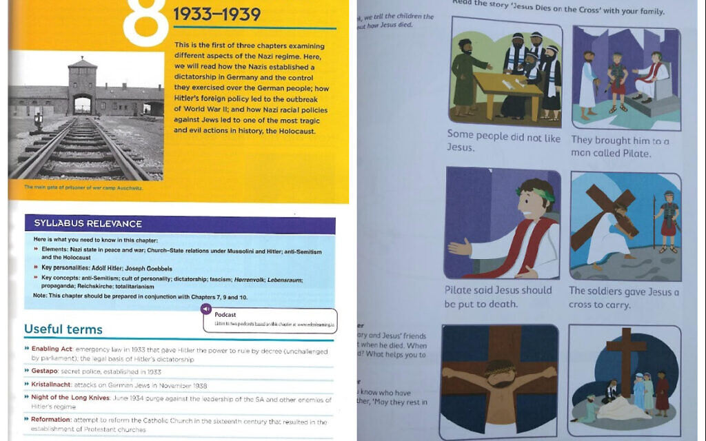 Left: reference to Auschwitz as a 'prisoner of war camp' Right: depiction of Jews in religious garb as haters of Jesus