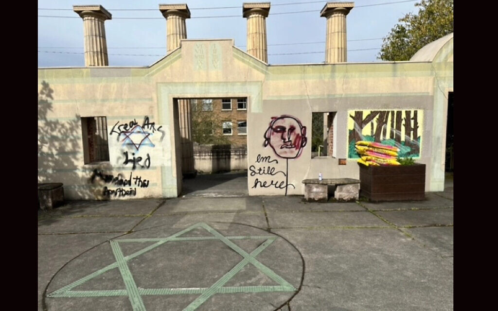 Antisemitic graffiti painted in a fenced-off area of Temple De Hirsch Sinai in Seattle, Washington, on April 16, 2023. (Courtesy of Rabbi Daniel Weiner)