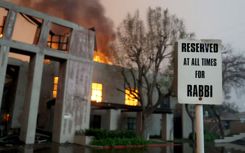 The Pasadena Jewish Temple & Center smolders after burning in the Eaton Fire in Pasadena, California, Jan. 8, 2025. Pic: via JTA