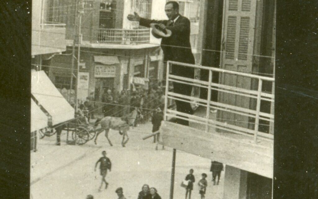 Giving a speech on a balcony in Tel Aviv during the 1935 Tel Aviv City Council elections. Courtesy of the Central Zionist Archives, KKL-JNF Central Office Archives, Jerusalem Giving a speech on a balcony in Tel Aviv during the 1935 Tel Aviv City Council elections. Courtesy of the Central Zionist Archives, KKL-JNF Central Office Archives, Jerusalem