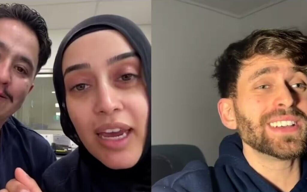Israeli content creator Max Veifer (right) and the two nurses from Bankstown hospital Ahmad Rashad Nadir and Sarah Abu Lebdeh. Photograph: @maxveifer