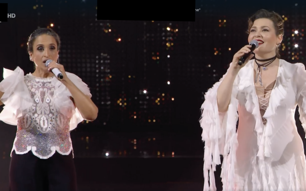 Noa (left) and Mira Awad sing at the Sanremo Festival in northern Italy