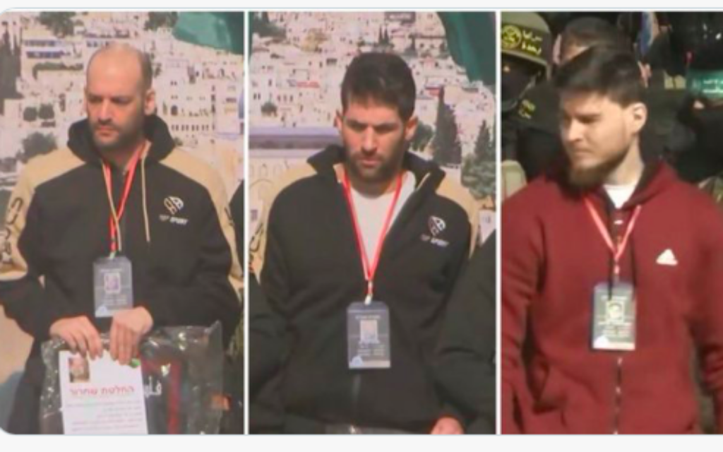 The Israeli hostages Iair Horn, Sagui Dekel-Chen and Sasha Troufanov are handed over in Khan Younis, Gaza.