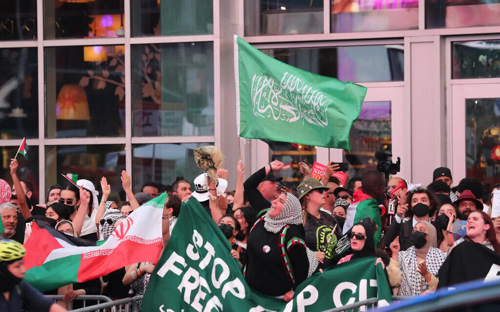 Anti-Israel protesters waving a Hamas flag at a demonstration in Times Square on July 31, 2024. William C Lopez/New York Post
