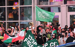 Anti-Israel protesters waving a Hamas flag at a demonstration in Times Square on July 31, 2024. William C Lopez/New York Post