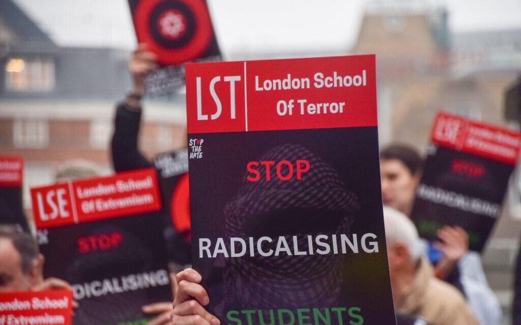 Pro-Israel supporters and students stage a protest at London School of Economics as the university hosts the launch of the book ""Understanding Hamas And Why That Matters' by Helena Cobban and Rami George Khouri. March 2025