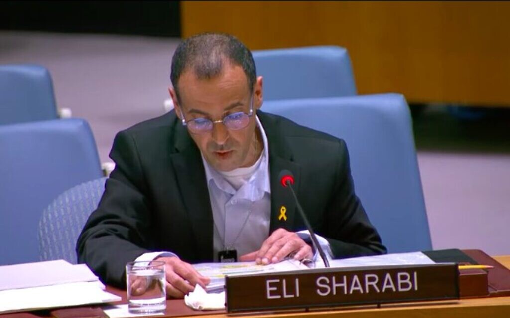 Eli Sharabi speaks at a UN Security Council meeting in New York