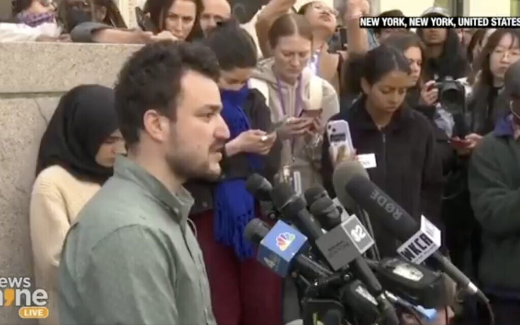 Mahmoud Khalil, a pro-Palestinian activist at Columbia who was arrested by ICE in March 2025, speaking to media. (Screenshot)