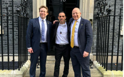 Adam Wagner, left, Eli Sharabi, centre, Adam Rose, right, outside No. 10 after meeting Sir Keir Starmer