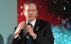 President Herzog addresses the Voice of the People conference in Haifa on 5 March. Photograph: Amos Ben Gershom/GPO