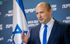 Prime Minister Naftali Bennett speaks at a news conference at the Knesset in Jerusalem, April 21, 2021. (Yonatan Sindel/Flash90 via JTA) Prime Minister Naftali Bennett speaks at a news conference at the Knesset in Jerusalem, April 21, 2021. (Yonatan Sindel/Flash90 via JTA)