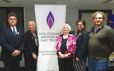 From left to right: Sabit Jakupović, Bettina Crossick, Joan Salter MBE, Olivia Marks-Woldman OBE, and Tom Skitt at the Holocaust Memorial Day Trust Reflection Evening 2025, held at Camden Town Hall. Photo Credit: HMDT