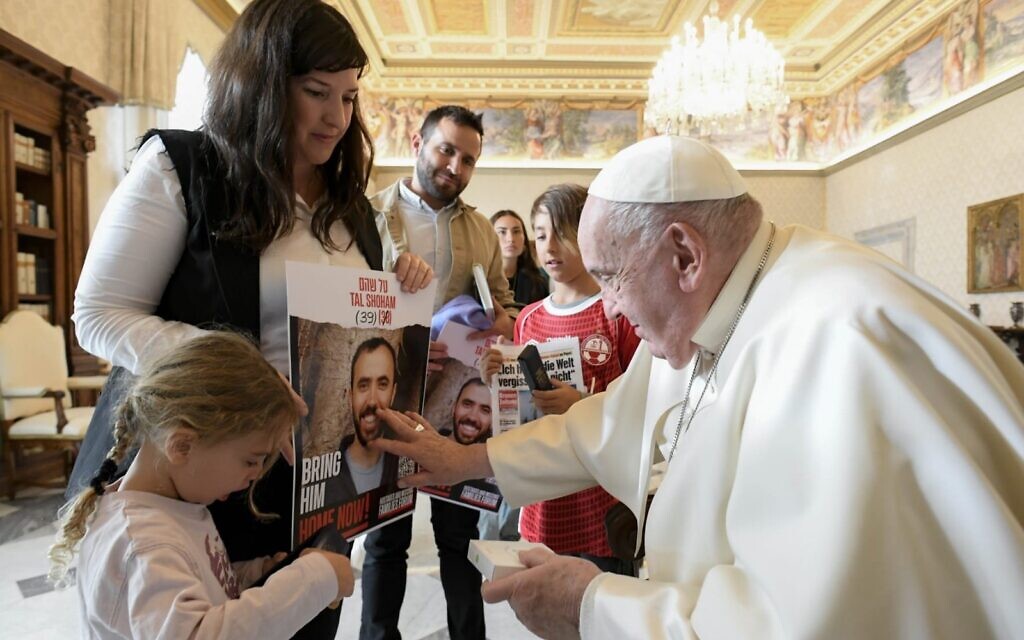 Former hostages Adi Shoham and her children Yahel and Naveh meeting the Pope last November. Their father ad husband Tal was later released pic: Vatican Media