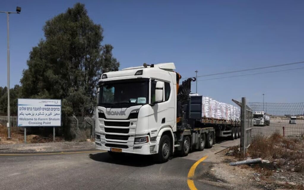 Aid lorries were photographed arriving at the Israeli-controlled Kerem Shalom crossing with southern Gaza on Monday morning. Pic: Twitter/X