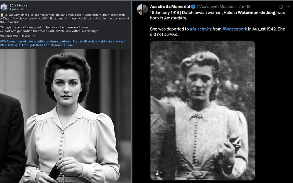 Auschwitz Memorial published a verified photo of Helena Waterman-de Jong (right), later replaced by “90’s History” with an AI-generated portrait (left). Photo Credit: Auschwitz Memorial / @AuschwitzMuseum