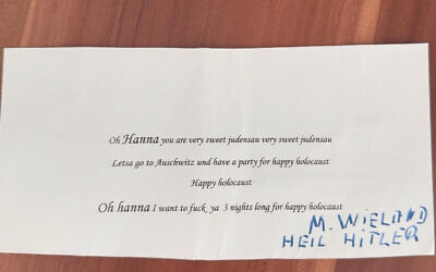 One of the threatening letters sent to Hanna Veiler, signed “Heil Hitler”. Photo Credit: @hannaesther__, Instagram.