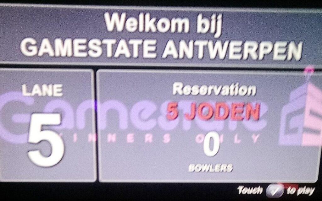 The offensive caption at the Antwerp bowling alley saying that "five Jews" were playing