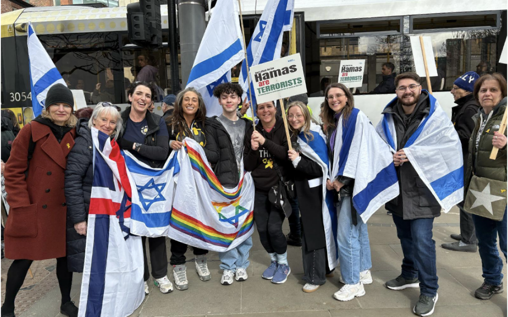 Pro-Israel demonstrators in Manchester, including members of the Hope is Mandatory calendar team, gather in support of hostages still held in Gaza