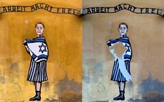 Before and after: Edith Bruck mural defaced in Milan with Israeli flag torn away. Photo Credit: aleXsandro Palombo