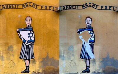 Before and after: Edith Bruck mural defaced in Milan with Israeli flag torn away. Photo Credit: aleXsandro Palombo