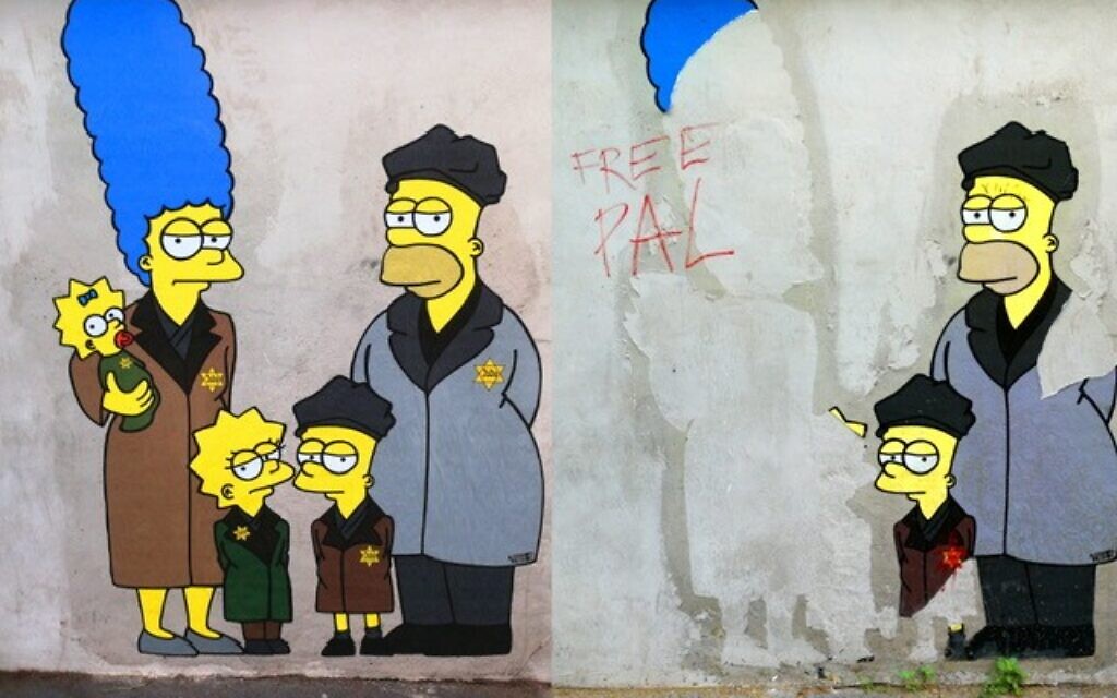 Before and after: AleXsandro Palombo’s ‘Jewish Simpsons’ mural defaced with ‘Free Pal’ graffiti at Milan’s Shoah Memorial.
Photo Credit: aleXsandro Palombo