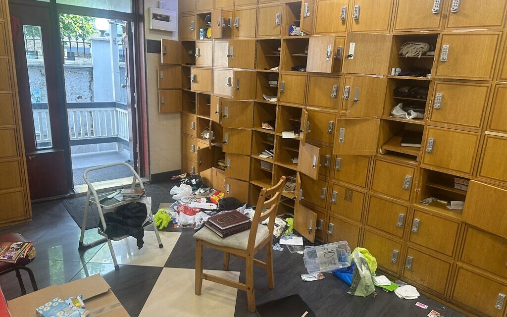 Lockers ransacked and belongings strewn across the floor at Gur Synagogue following an overnight break-in.