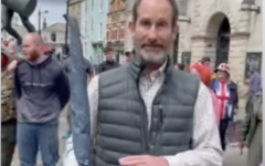 Peter Lawrence speaking at the protest in Truro where he made Holocaust denial remarks (Screenshot)