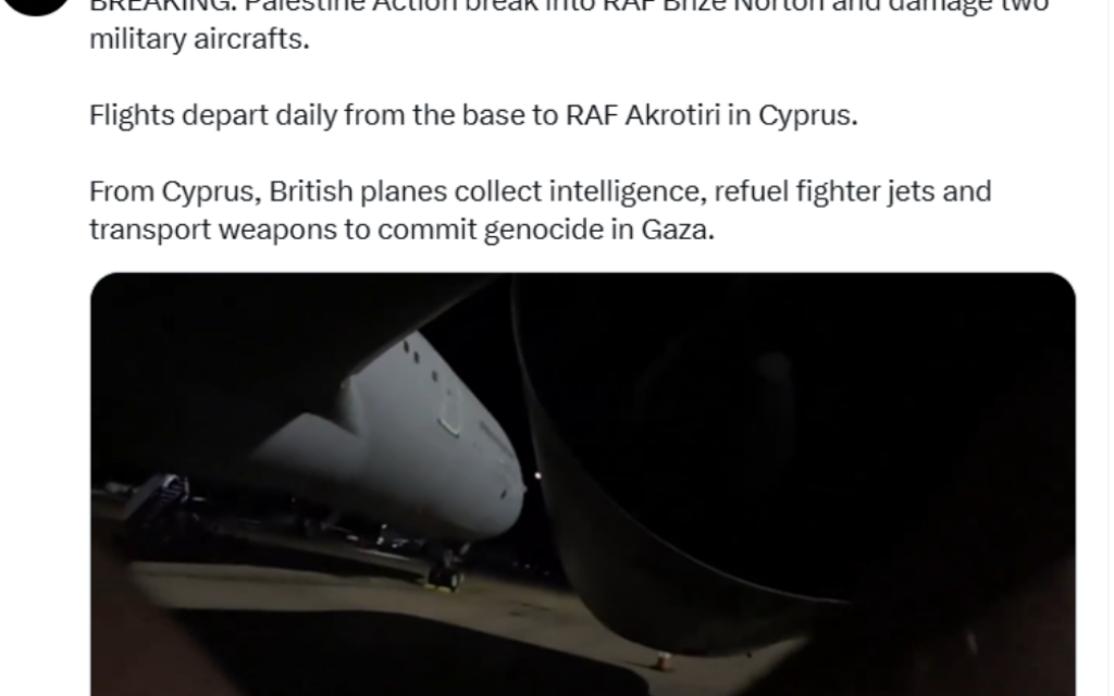 The initial tweet from Palestine Action