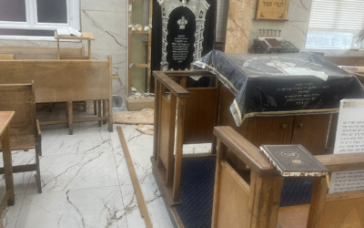 Damage to the Aron Kodesh at Gur Synagogue, where vandals tore off wooden panels during the overnight break-in.