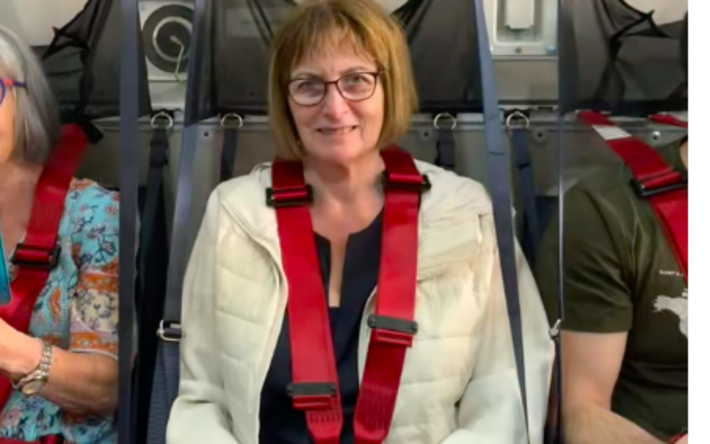 Dame Louise Ellman aboard RAF jet taking her from Israel to Cyprus (pic Lee Harpin)