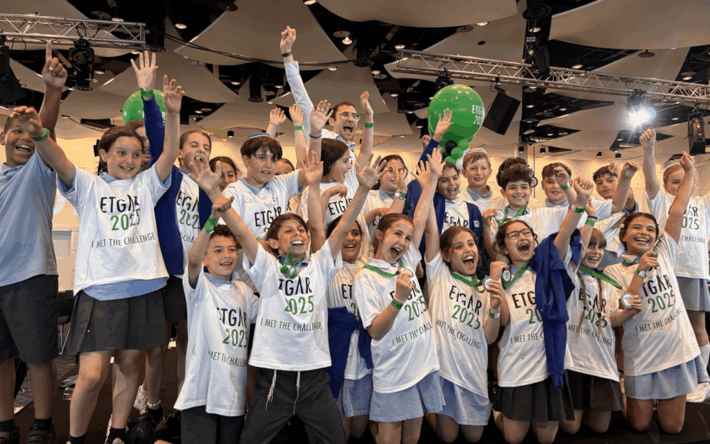 Pupils from Sacks Morasha celebrate placing second in the national Etgar 2025 Jewish primary school quiz challenge at Wembley Stadium. Photo: Annabel Sinclair