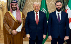 Donald Trump during his state visit to Saudi Arabia in May 2025, with Syrian President Ahmed al-Sharaa and Saudi Crown Prince Mohammed bin Salman (Credit: The White House)