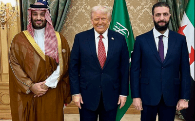 Donald Trump during his state visit to Saudi Arabia in May 2025, with Syrian President Ahmed al-Sharaa and Saudi Crown Prince Mohammed bin Salman (Credit: The White House)