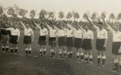 Derby County goalkeeper Jack Kirby (far left) refuses to give the Nazi salute during the team’s 1934 tour of Germany. Photo Credit: Paul Tattershaw Derby County goalkeeper Jack Kirby (far left) refuses to give the Nazi salute during the team’s 1934 tour of Germany. Photo Credit: Paul Tattershaw