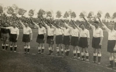 Derby County goalkeeper Jack Kirby (far left) refuses to give the Nazi salute during the team’s 1934 tour of Germany. Photo Credit: Paul Tattershaw