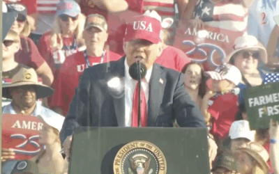 President Donald Trump speaks at a rally in Des Moines, Iowa, where he used the term “Shylocks” to describe bankers.
Photo Credit: X